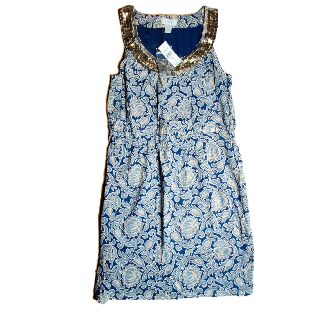 Ann Taylor LOFT Dress Womens 4 Blue Floral Sequin Neck Sleeveless